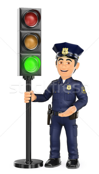 3D Police with a traffic light in green Stock photo © texelart