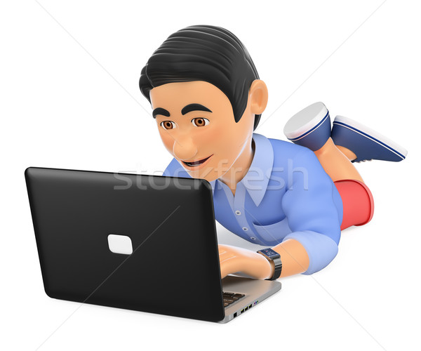 3D Young man in shorts lying down with a laptop Stock photo © texelart