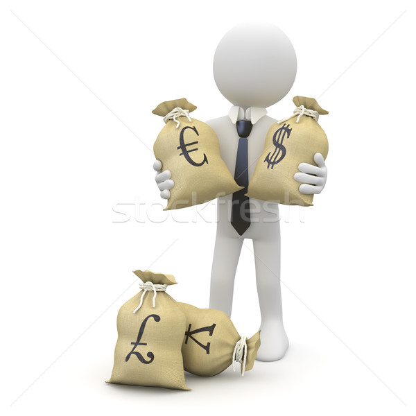 Businessman with bags of money, dollars, euros, pounds and yen Stock photo © texelart