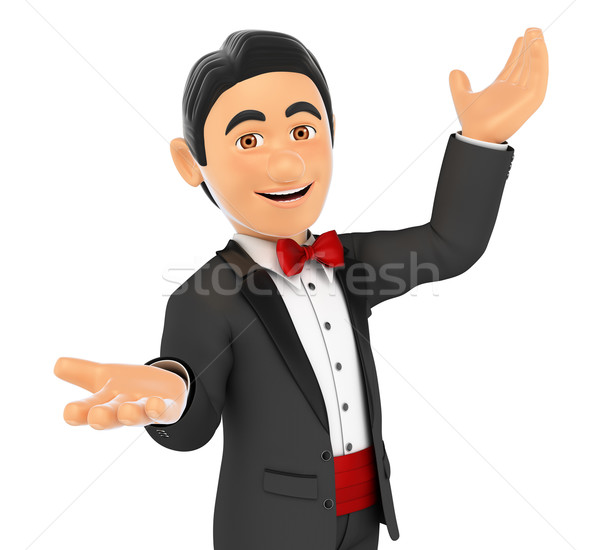 Stock photo: 3D Tuxedo man presenting something with their hands up