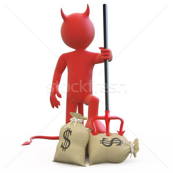 Stock photo: Devil with his trident stuck in sack of dollars