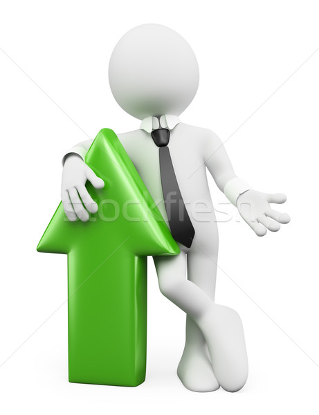 Stock photo: 3D white people. Businessman with a green arrow