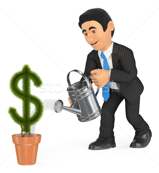 Stock foto: 3D · Geschäftsmann · Bewässerung · Dollar · Topf