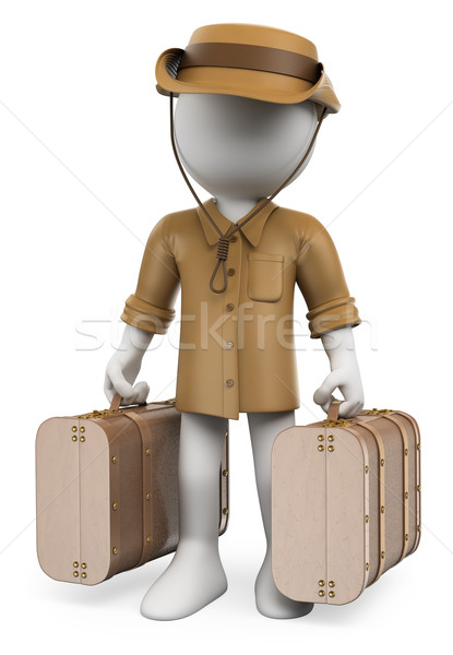3D white people. Vintage traveler with two suitcases Stock photo © texelart