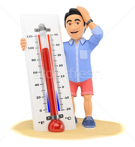 3D Young man in shorts with hot thermometer on the beach Stock photo © texelart