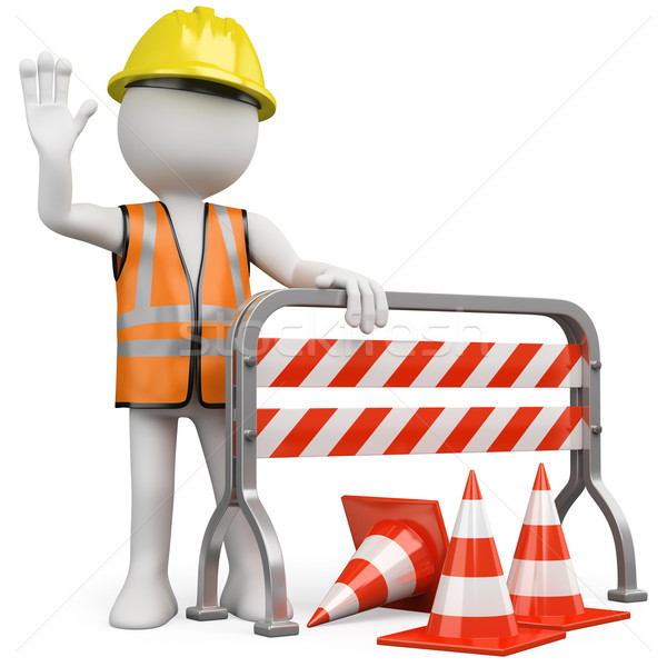 Stock photo: Worker with a reflective vest and hard hat leaning on a construction barrier