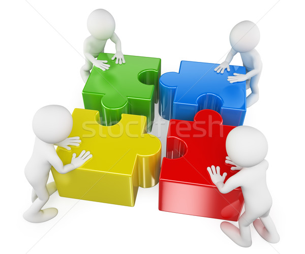 Foto stock: 3D · pessoas · brancas · trabalho · em · equipe · quebra-cabeça · peças · do · puzzle · resolver