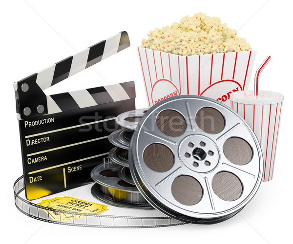 3D i bianchi cinema bobina bere popcorn Foto d'archivio © texelart