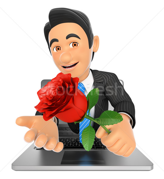 Stock photo: 3D Businessman coming out a laptop screen with a red rose