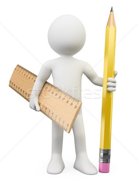 3D white people. Pencil and ruler Stock photo © texelart