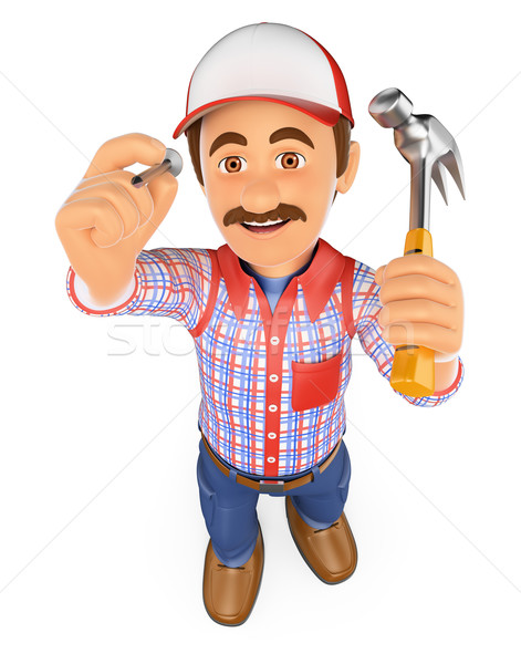 3D Handyman hammering a nail with a hammer Stock photo © texelart