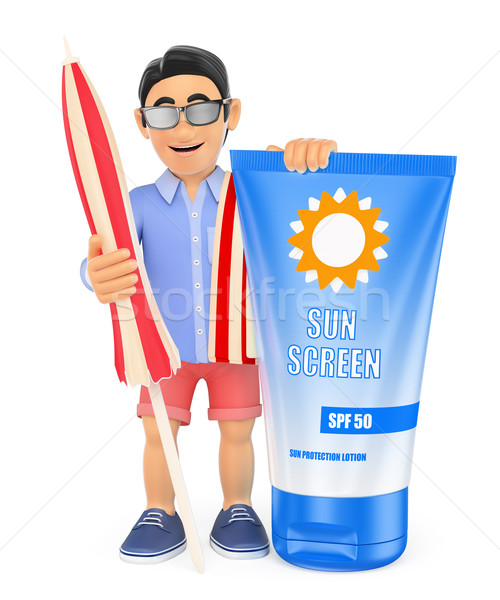3D Man in shorts with umbrella towel and sunscreen Stock photo © texelart