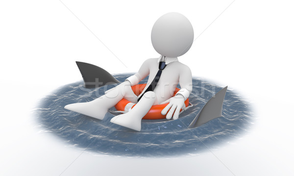 Businessman floating in a life preserver with sharks around Stock photo © texelart