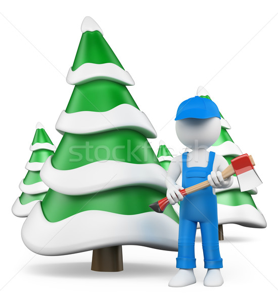3D white people. Lumberjack with axe at snow covered fir forest Stock photo © texelart