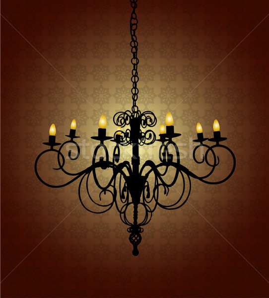 Stockfoto: Kroonluchter · donkere · kamer · damast · behang · lamp