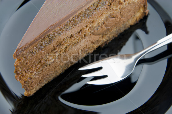 Csokoládés sütemény ezüst villa szelet fekete tányér Stock fotó © TheProphet