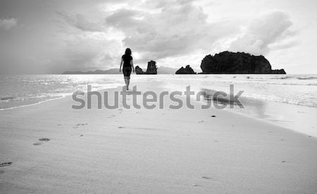 Plajă mers singur femeie apă Imagine de stoc © THP