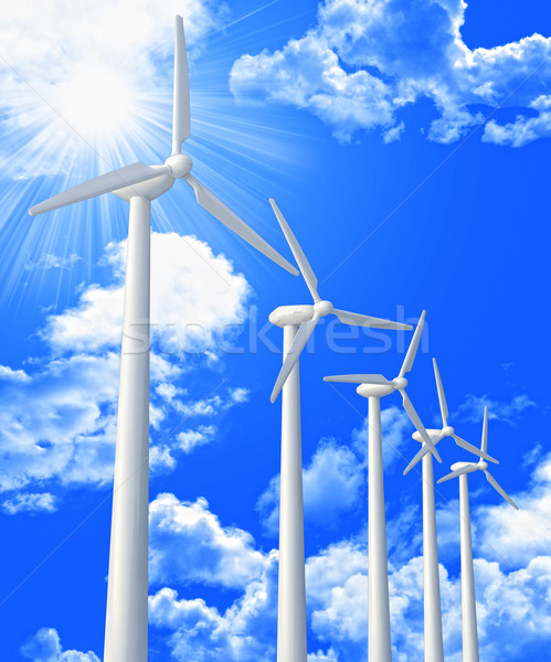 [[stock_photo]]: Eco · pouvoir · solution · éolienne · ciel · bleu · 3D