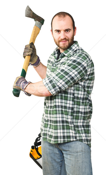 Foto stock: Lenhador · retrato · jovem · caucasiano · machado · sorrir