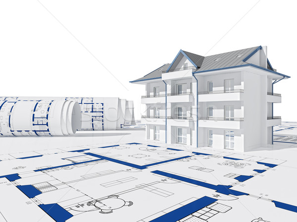 3D 房子 藍色 打印 建設 施工 商業照片 © tiero
