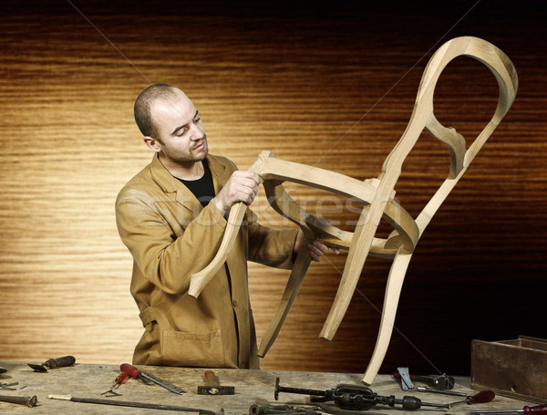 Foto stock: Artesano · trabajo · retrato · aislado · madera · avión