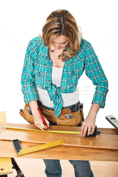 Foto stock: Trabalhar · pormenor · mulher · piso · de · madeira · telha · menina