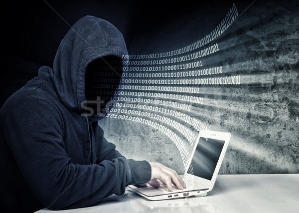 Nie twarz hacker kod binarny ściany tle Zdjęcia stock © tiero