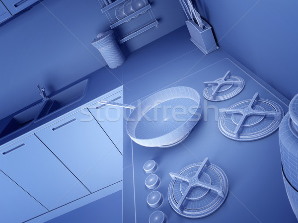 Wireframe 3D bucătărie modern lumina acasă Imagine de stoc © tiero