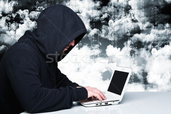 Hacker Pflicht Porträt Binärcode Wolken Gesicht Stock foto © tiero