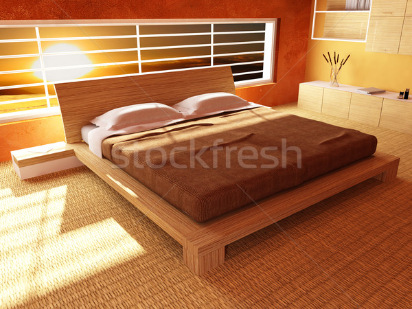 Stockfoto: Zonsondergang · slaapkamer · moderne · hout · 3D · warm