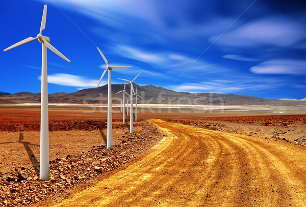 Turbina wiatrowa pustyni Błękitne niebo charakter górskich niebieski Zdjęcia stock © tiero