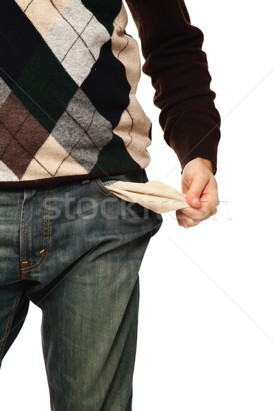 Sin dinero aquí hombre mostrar vacío bolsillo Foto stock © tiero