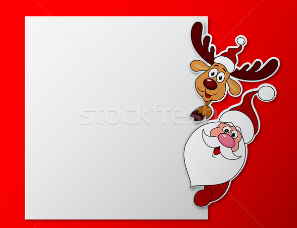 Stock photo: Santa clause and deer with blank sign