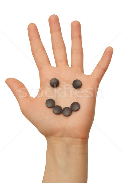 Emotikon tabletták kéz mosolygós arc mosoly boldog Stock fotó © timbrk