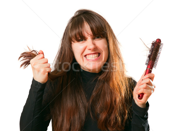 Haj problémák dühös nő hajkefe kéz Stock fotó © timbrk