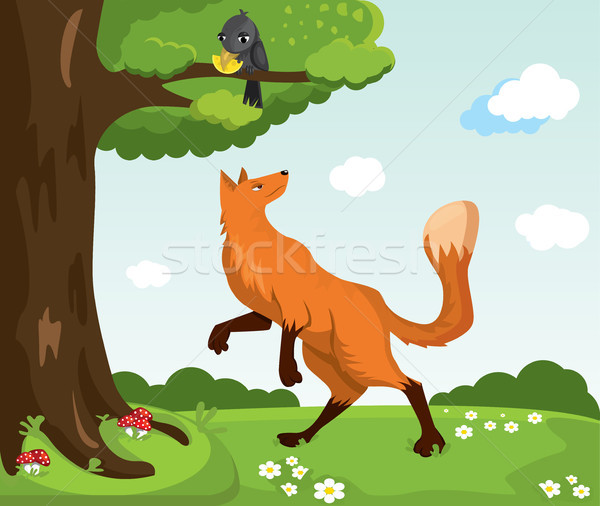 Red fox and crow with cheese. Funny characters. Vector illustrat Stock photo © tina7shin