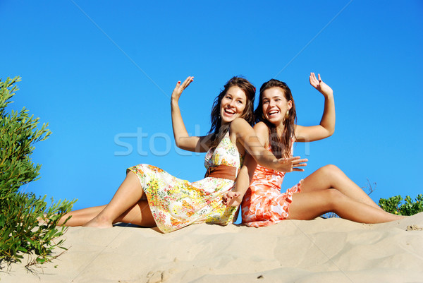 Kettő fiatal nő szórakozás tengerpart nyár nap Stock fotó © tish1