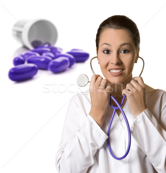 Stock fotó: Fiatal · női · orvos · tabletták · fehér · egészség