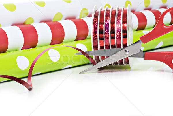 Stock photo: Christmas wrapping paper and ribbon