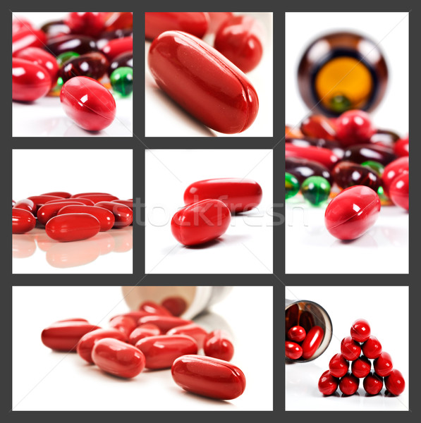 [[stock_photo]]: Collage · rouge · pilules · blanche · variété · heureux