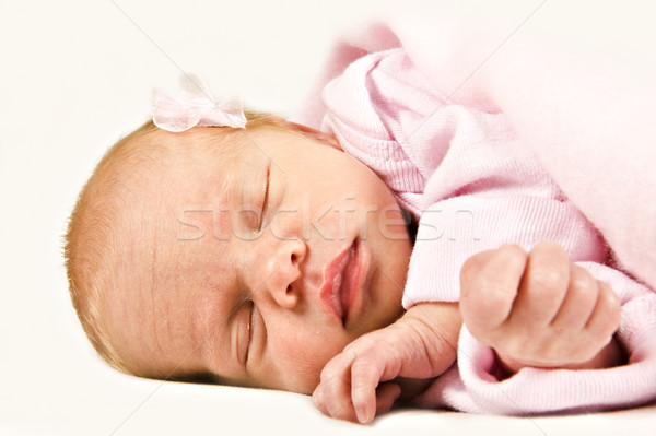 Foto stock: Novo · nascido · menina · adormecido · rosa · cara