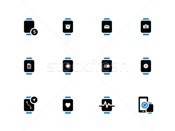 Smart watch with battery and settings duotone icons on white background. Stock photo © tkacchuk