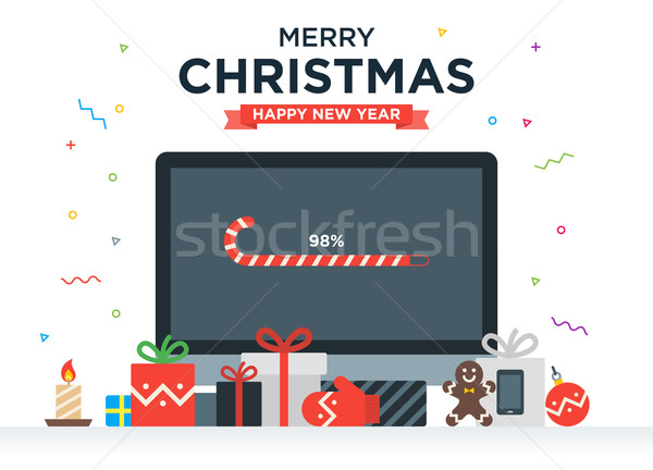 Geek Happy New Year and Christmas Card with abstract loading bar on Desktop computer, Gifts, candy,  Stock photo © tkacchuk