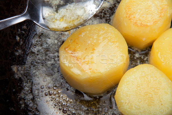 fondant potato frying in sauce pan. butter basting food with spo Stock photo © tlorna