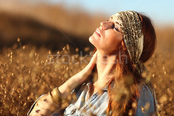 Gyönyörű nő mező nyáridő fiatal kezek arc Stock fotó © tobkatrina