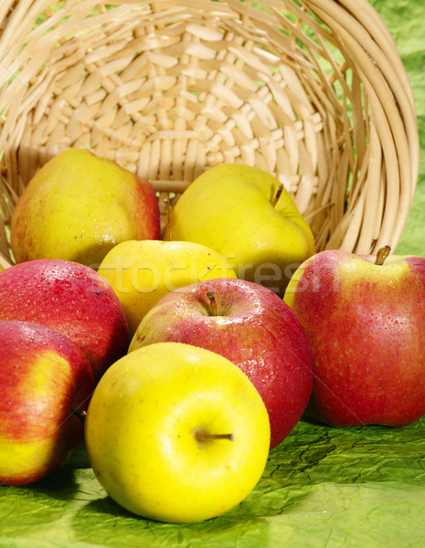 wet juicy apples on green background in straw plate Stock photo © tolokonov