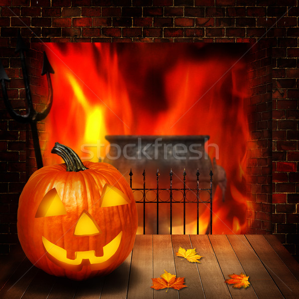 Foto stock: Halloween · resumen · fondos · calabaza · chimenea · madera