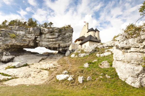 Stock photo: Big limestone rock in background Bobolice castle.