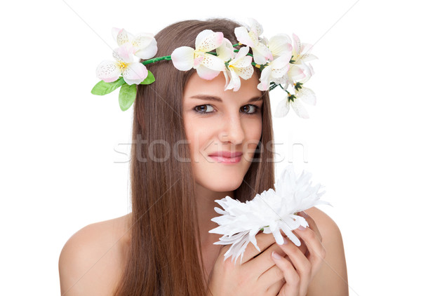 Stockfoto: Mooie · brunette · lang · steil · haar · jonge · natuur