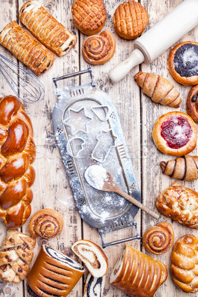 Delicious holiday baking background with ingredients and utensils Stock photo © tommyandone